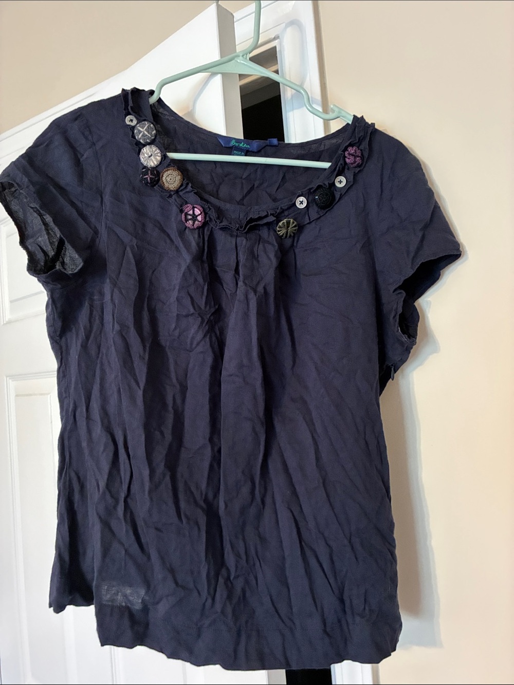 Boden Navy Short Sleeve Scoop Neck Top with Floral Button Trim